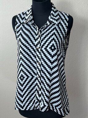 Sans Souci Semi Sheer Black White Geometric Sleeveless Blouse Medium